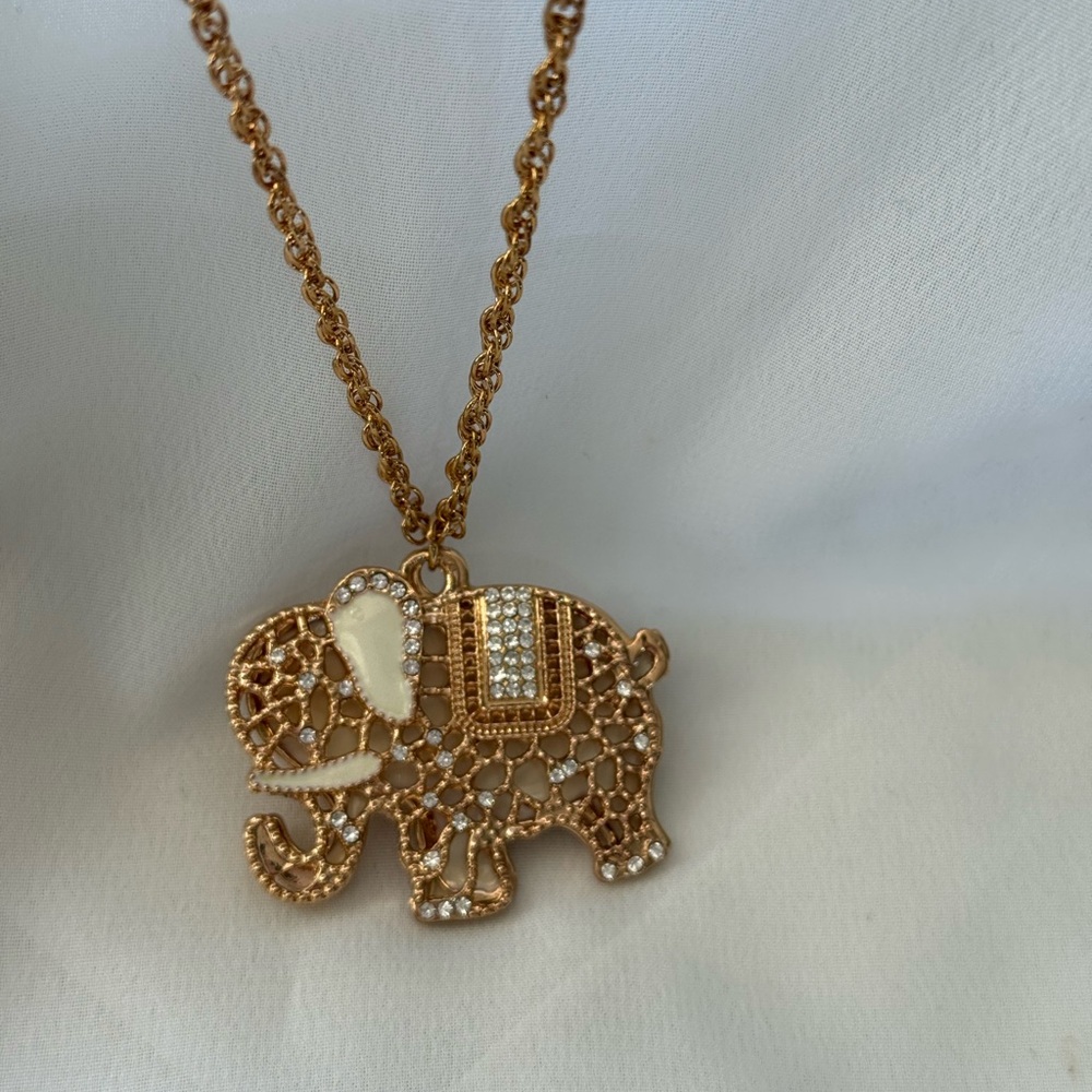 Gold-Tone Elephant Pendant Necklace with White Accents